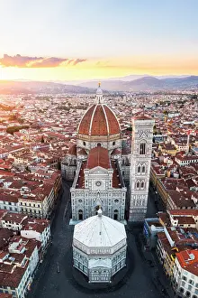 Firenze Prints: Aerial view of the Cathedral of Santa Maria del Fiore at sunrise. Florence, Tuscany, Italy