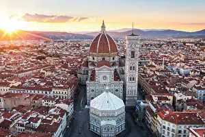 Dome Prints: Aerial view of the Cathedral of Santa Maria del Fiore at sunrise. Florence, Tuscany, Italy