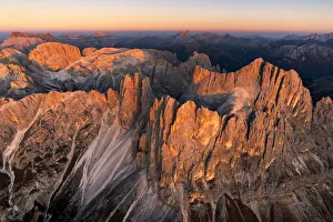 Vajolet Prints: Aerial view of Catinaccio group at sunset, Dolomites, Trentino Alto Adige, Italy