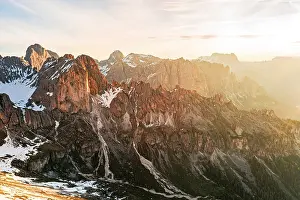 Trentino Prints: Aerial view of Catinaccio Rosengarten mountain range in the mist at sunirse