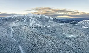 Cerreto Pass Prints: aerial view of Cerreto Laghi in winter time after a snowing, municipality of Ventasso