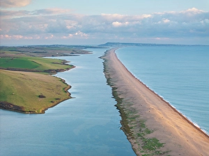 Abbotsbury Prints: Aerial view of Chesil Beach near Abbotsbury, Dorset, England. Winter (January) 2024