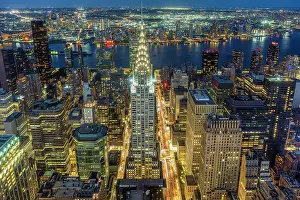 Aerial view of Chrysler Building and Midtown Manhattan skyline at twilight, New York, USA