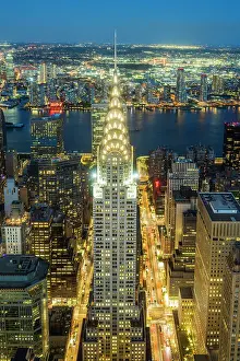 Aerial view of Chrysler Building and Midtown Manhattan skyline at twilight, New York, USA