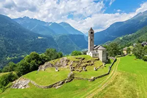 Leventina District Prints: Aerial view of the church of Rossura
