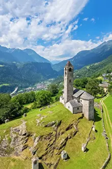 Leventina District Prints: Aerial view of the church of Rossura