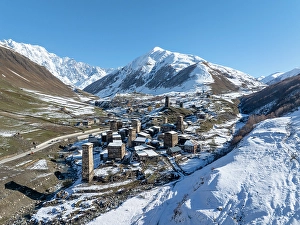 Settlement Prints: Aerial view of Chvibiani and Zhibiani, Ushguli, Upper Svaneti (Zemo Svaneti), Georgia