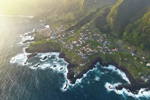 Northern Coast Prints: Aerial view of the coast of Seixal during a spring sunrise, Madeira, Portugal