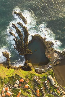 Roof Prints: Aerial view of the coast of Seixal during a spring sunrise, Madeira, Portugal