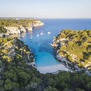 Aerial view of coastline and beach, Cala Macarelleta, Menorca, Balearic Islands, Spain
