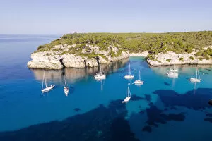 Images Dated 21st June 2018: Aerial view of coastline and beach, Cala Macarelleta, Menorca, Balearic Islands, Spain