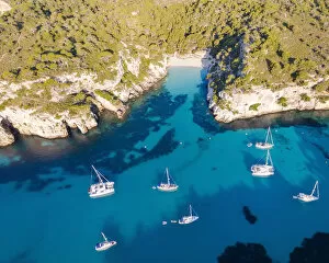 Images Dated 9th April 2019: Aerial view of coastline and beach, Cala Macarelleta, Menorca, Balearic Islands, Spain