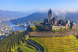 Aerial view on Cochem castle, Cochem, Mosel valley, Rhineland-Palatinate, Germany