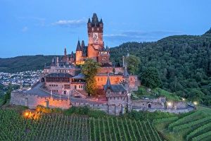 Wine Prints: Aerial view at Cochem castle at dusk, Cochem, Mosel valley, Rhineland-Palatinate, Germany
