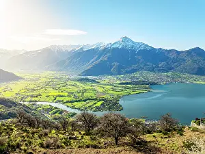 Lake District Prints: Aerial view of Colico, Monte Legnone and Lower Valtellina in spring