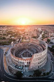 Ancient Monument Prints: Aerial view of Colosseum during sunset. Rome, Lazio, Italy
