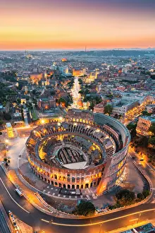 Ancient Monument Prints: Aerial view of Colosseum at twilight. Rome, Lazio, Italy