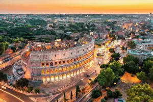 Ancient Monument Prints: Aerial view of Colosseum at twilight. Rome, Lazio, Italy