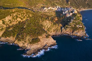Typical House Prints: aerial view of Corniglia in winter day, municipality of Vernazza, Cinque Terre, La