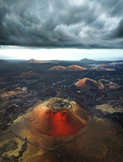 Volcano Prints: Aerial view of the crater of Caldera Colorada and lava fields