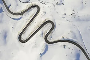 Mountain Pass Prints: Aerial view of curves of Maloja Pass road, Bregaglia Valley, canton of Graubunden