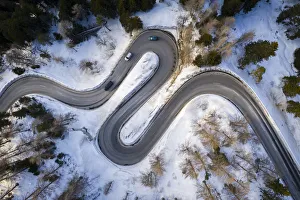 Aerial view of curves of Maloja Pass road, Bregaglia Valley, canton of Graubunden