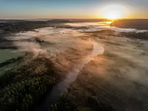 Occitanie Prints: An aerial view of the Dordogne River, at dawn, Floirac, Lot, Occitanie, France
