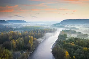 Images Dated 15th November 2018: Aerial view of the Dordogne Valley & Dordogne river on a misty morning in autumn