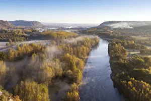 Images Dated 22nd December 2017: Aerial view of the Dordogne Valley & Dordogne river on a misty morning in autumn, Lot