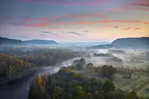 Images Dated 11th January 2019: Aerial view of the Dordogne Valley & Dordogne river on a misty morning in autumn