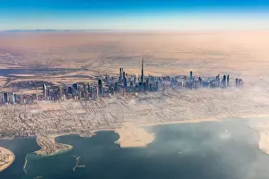 Earth From Above Prints: Aerial view of downtown skyline with Burj Khalifa skyscraper, Dubai, United Arab Emirates