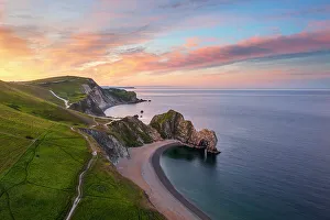 Natural Arch Prints: Aerial view of Durdle Door at sunrise, Durdle Door, Jurassic Coast, Dorset, United Kingdom