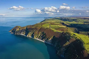 Aerial view over Emoor National Park coastline, Lynton and Lynmouth, North Devon, England