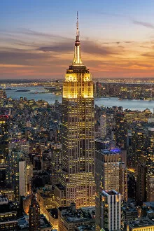 Aerial view of the Empire State Building at sunset, Manhattan, New York, USA
