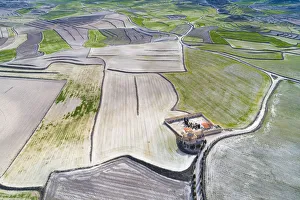 Aragonese Prints: Aerial view of Ermita de Santa Ana and cultivated lands. Castejon de Monegros, Huesca
