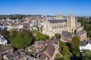 Aerial view over Exeter city centre and Exeter Cathedral, Exeter, Devon, England