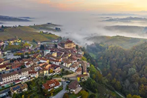 Borgo Prints: Aerial view of Falletti Castle and Barolo at sunrise during autumn, Cuneo, Langhe e Roero