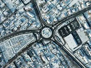Townscape Prints: Aerial view of falling snow in the residential area Kingersheim, Mulhouse, Alsace, France