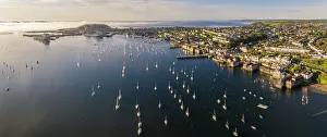Aerial view of Falmouth and the Penryn River, Flushing, Cornwall, England. Spring (May) 2023