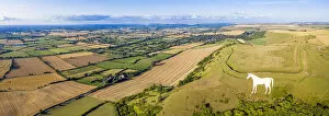 Artistic Gallery: Aerial view of the famous White Horse below Bratton Camp, an Iron Age hillfort near