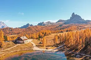 Larix Prints: Aerial view from the Federa Lake of Rifugio Palmieri and the Dolomite peaks
