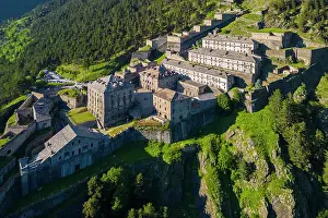 Aerial view of the Fenestrelle fortress watching over Chisone Valley. Orsiera Rocciavre Park, Chisone Valley, Turin, Piedmont, Italy
