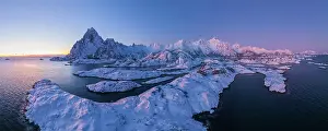 Cold Prints: Aerial view of the fjords and the moutnains near Svolvaer in the Lofoten islands, Norway