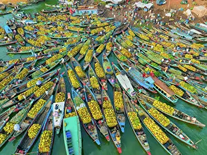 Floating Prints: Aerial view of floating market of seasonal fruits on the boats in Kaptai Lake