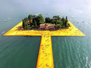 Aerial view of the floating piers in Iseo lake, Brescia province, Lombardy, Italy