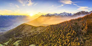 Forests Prints: Aerial view of foggy sunset. Valtellina, Lombardy, Italy, Europe