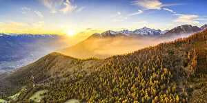 Peaks Gallery: Aerial view of foggy sunset. Valtellina, Lombardy, Italy, Europe