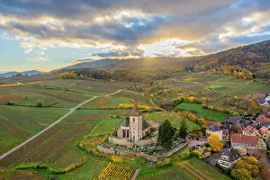 Grand Est Prints: Aerial view at fortified church of Saint Jacques