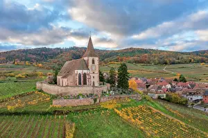 Grand Est Prints: Aerial view at fortified church of Saint Jacques