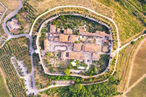 Walled Prints: Aerial view of fortress village Monteriggioni, Siena province, Tuscany, Italy, Europe